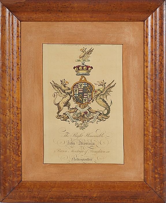 Appraisal: ENGLISH ARMORIAL ENGRAVINGS Pair of colored engraving on laid paper