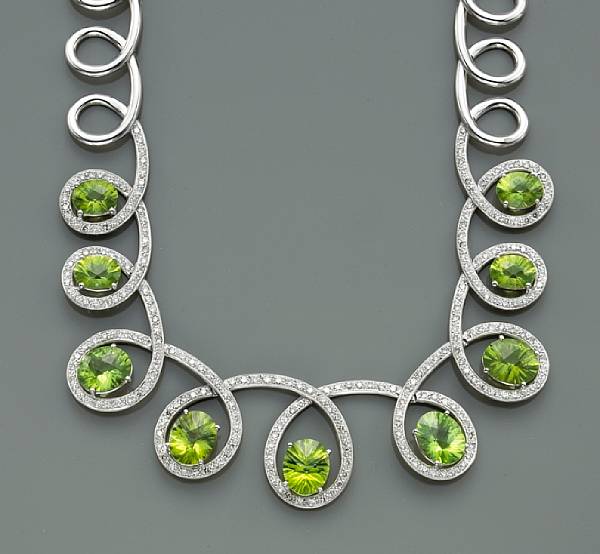 Appraisal: A peridot and diamond necklace mounted in eighteen karat white