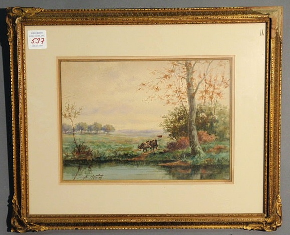 Appraisal: Watercolor landscape painting with cows by a stream signed A