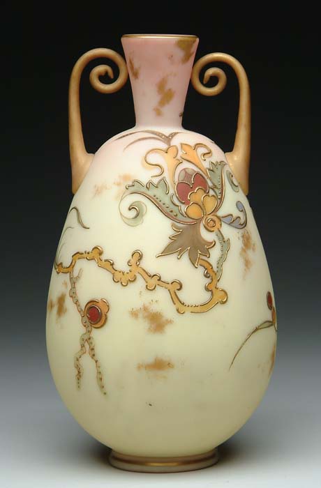 Appraisal: RARE MT WASHINGTON BURMESE DOUBLE HANDLED EGYPTIAN STYLE VASE Decorated