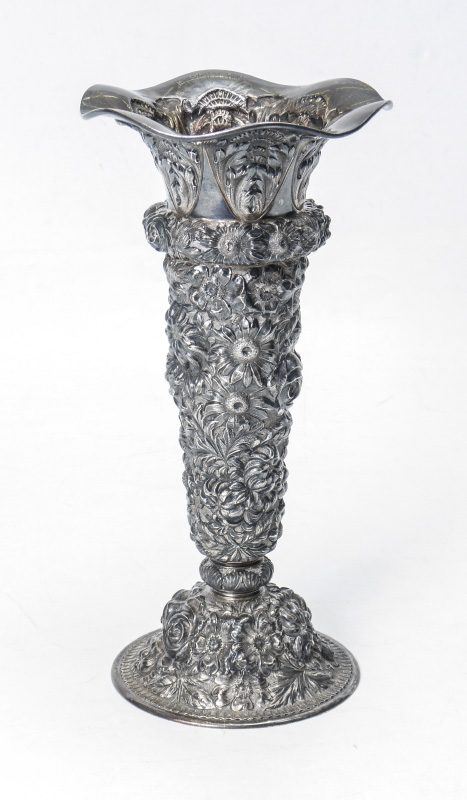 Appraisal: STIEFF FLORAL REPOUSSE STERLING VASE Fluted rim tapered body with