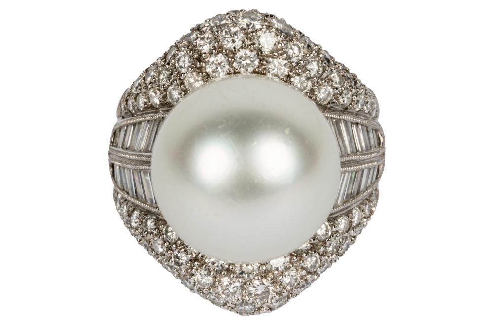 Appraisal: KARAT WHITE GOLD DIAMOND CULTURED PEARL RINGcentering one spherical half-drilled