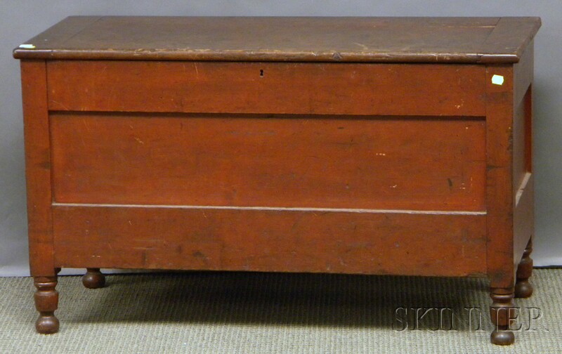 Appraisal: Red-stained Cherry Paneled Blanket Box with Turned Feet ht lg