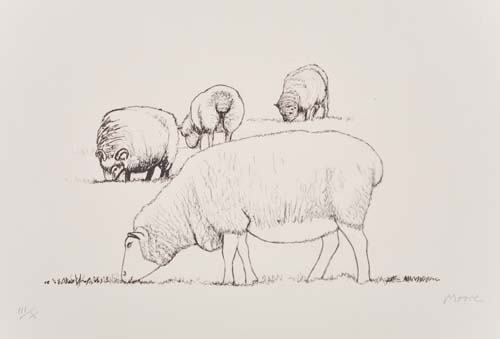 Appraisal: HENRY MOORE Four Grazing Sheep Lithograph x mm x inches