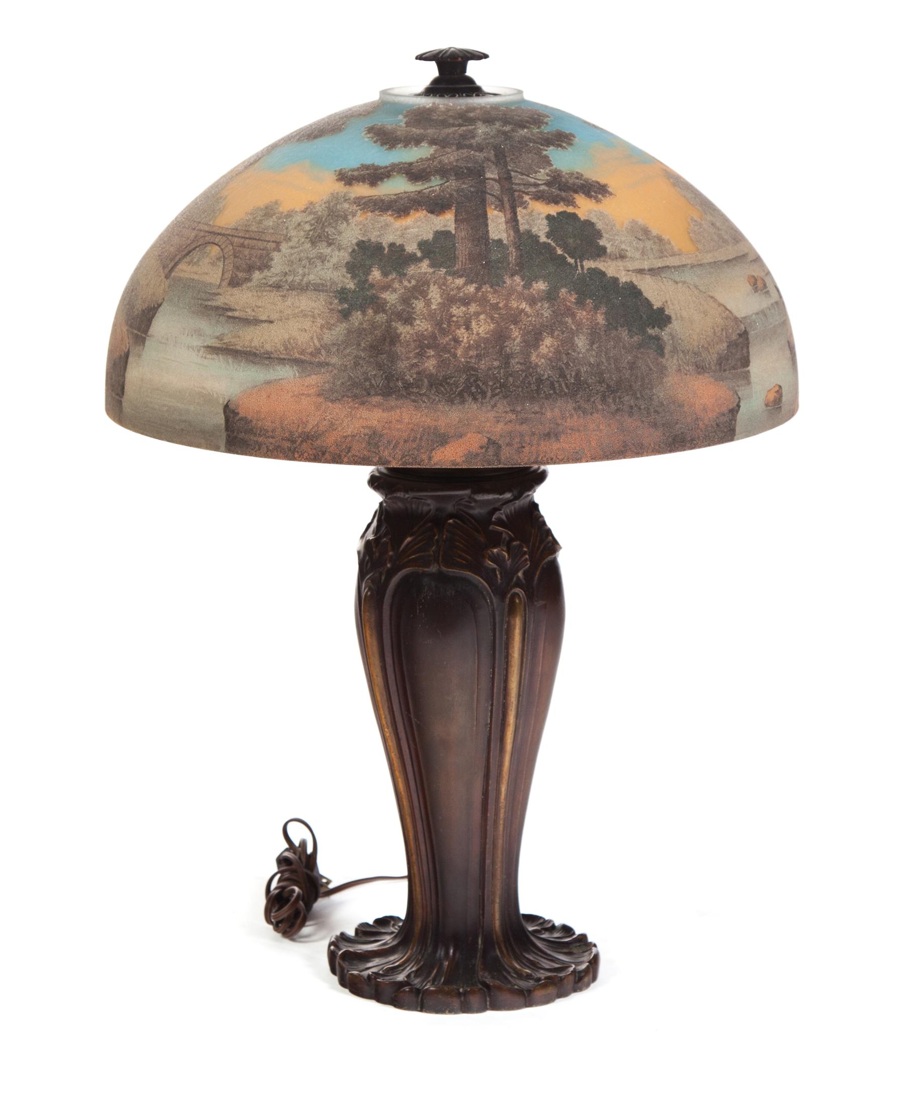 Appraisal: TABLE LAMP WITH SCENIC REVERSE PAINTED SHADE American st quarter-