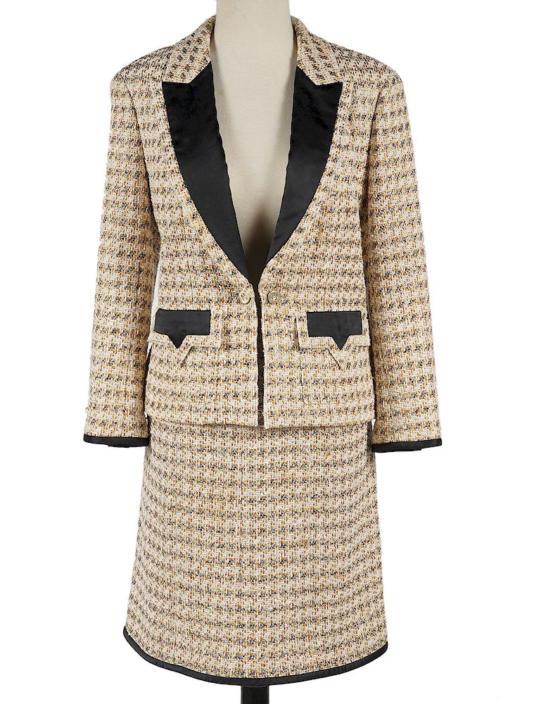 Appraisal: Chanel Beige Metallic Silver Gold Tweed Suit SZ Chanel Beige