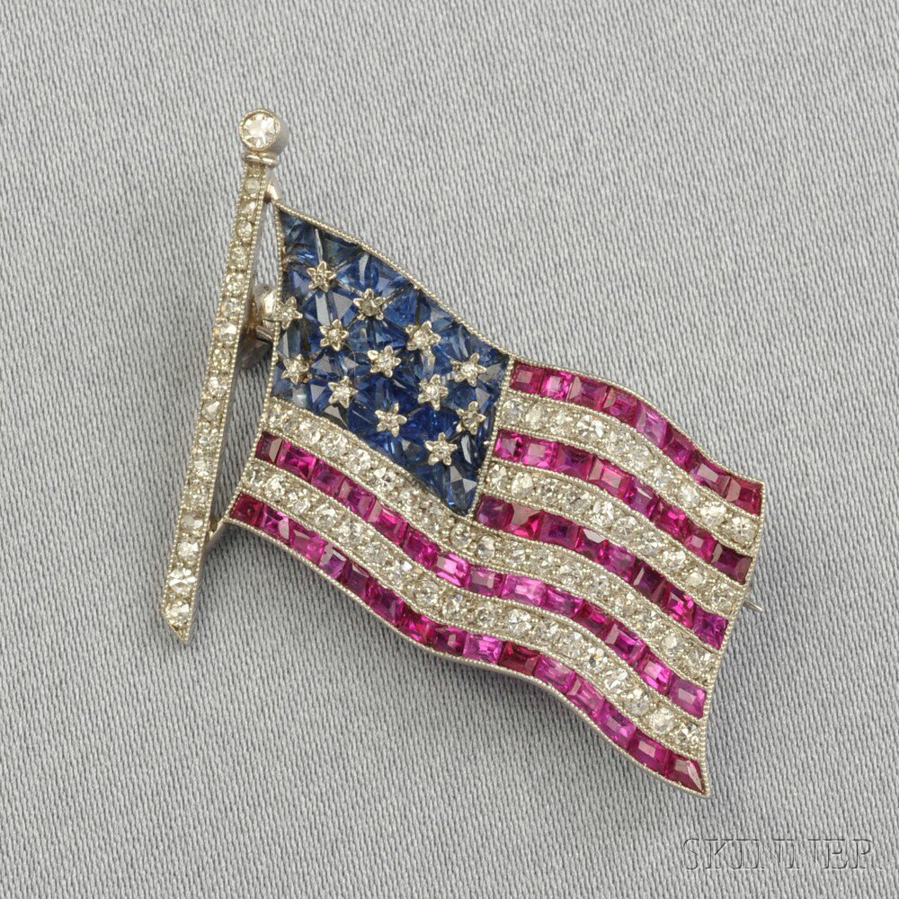 Appraisal: Art Deco Platinum Gem-set American Flag Brooch Dreicer Co set