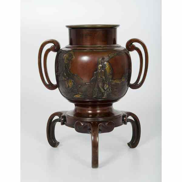 Appraisal: Bronze Vase Asian A bronze vase on stand having two