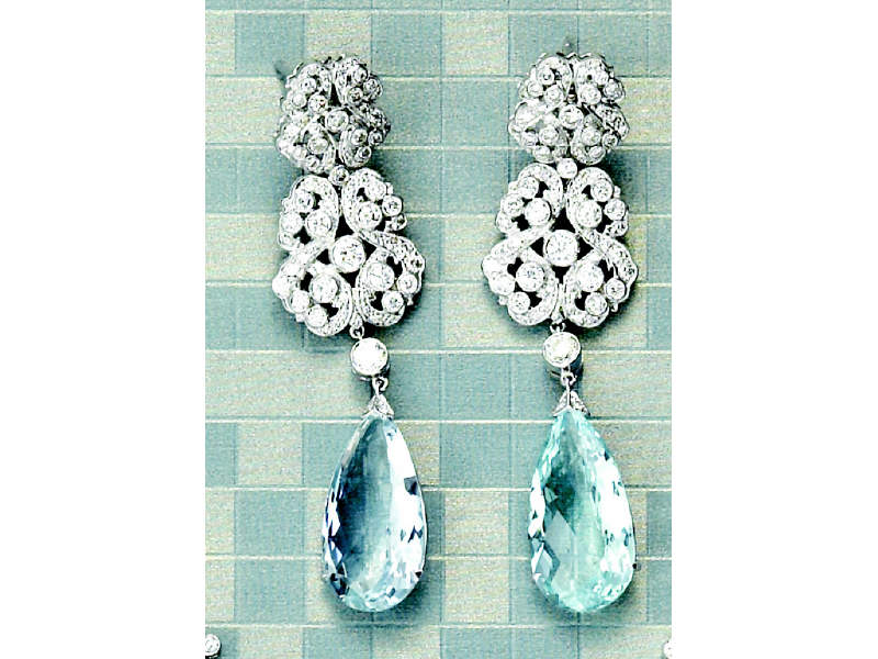 Appraisal: AQUAMARINE AND DIAMOND EARRINGS k white gold earrings of filigree