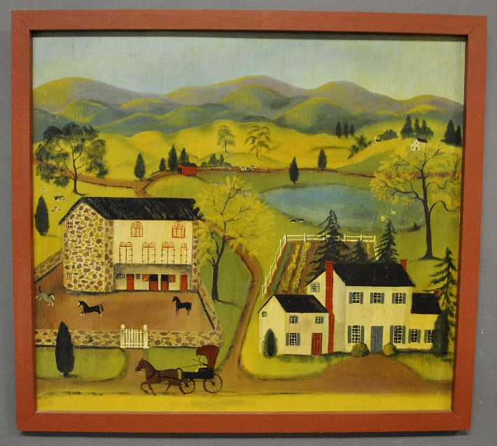 Appraisal: - Primitive style oil on plywood of an Amish farm