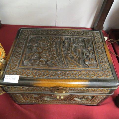 Appraisal: Chinese Carved Camphor Wood Jewelry Chest figures in landscape x