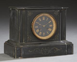 Appraisal: French Black Marble Mantle Clock c time an French Black