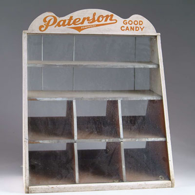 Appraisal: PATERSON CANDY COUNTER DISPLAY Slant front wood and glass display