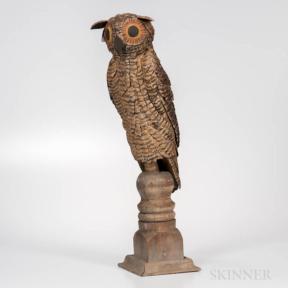 Appraisal: Painted Tin Owl on Stand Painted Tin Owl on Stand