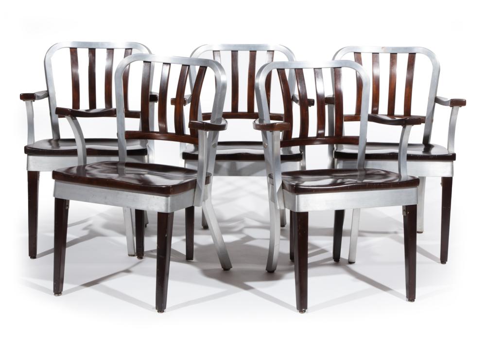 Appraisal: Five Shaw Walker Wood and Aluminum Armchairs s molded seat