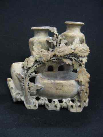 Appraisal: Chinese Carved Soapstone Vase compartments floral trim ''