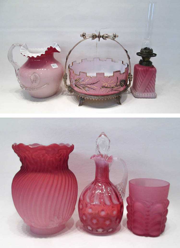 Appraisal: FIVE PIECES OF PINK VICTORIAN GLASS including a fluid oil