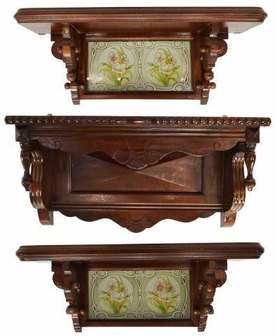 Appraisal: lot of Mahogany hanging wall mantels shelves comprising with stained-glass