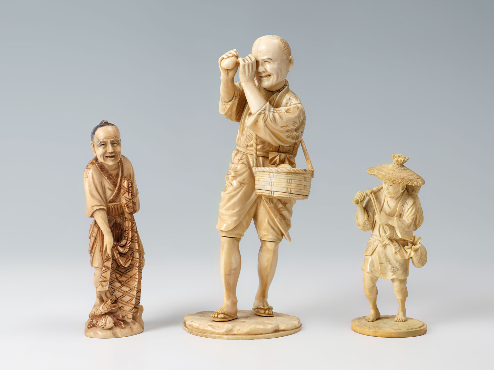 Appraisal: PC CARVED CHINESE IVORY FIGURES Comprising - Fisherman with cast