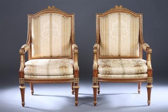 Appraisal: PAIR LOUIS XV STYLE PARCEL-GILT FAUTEUILS late th century with