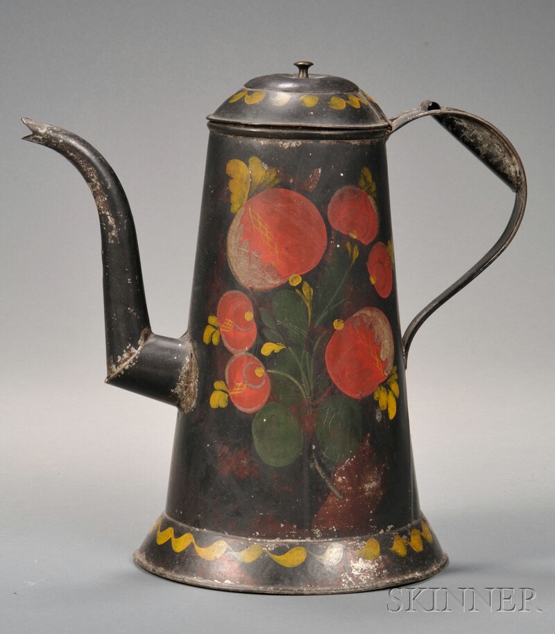 Appraisal: Painted Tinware Coffeepot America early th century the hinged lid