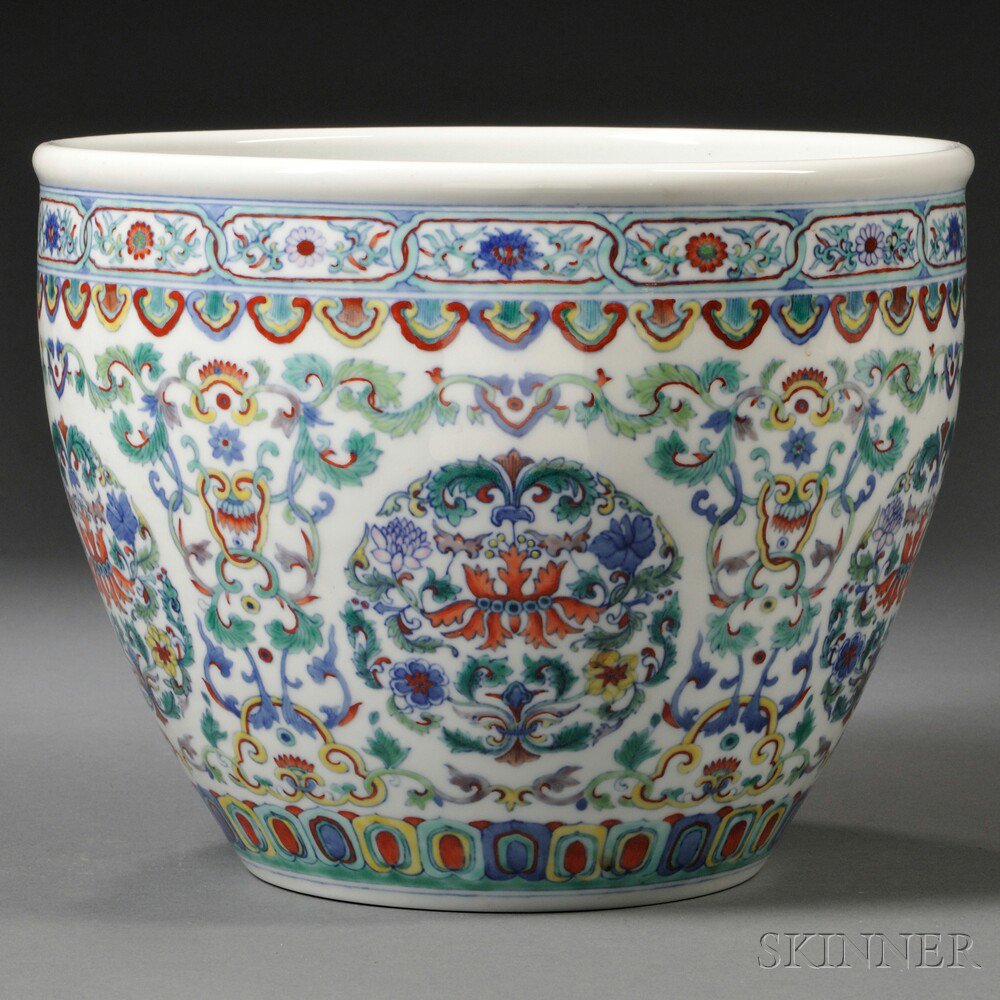 Appraisal: Doucai Jardiniere China overall decorations of lotus scrolls ht dia