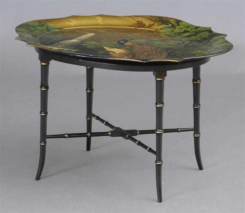 Appraisal: VICTORIAN PAINTED PAPIER M CH TRAY ON ATTACHED FAUX BAMBOO