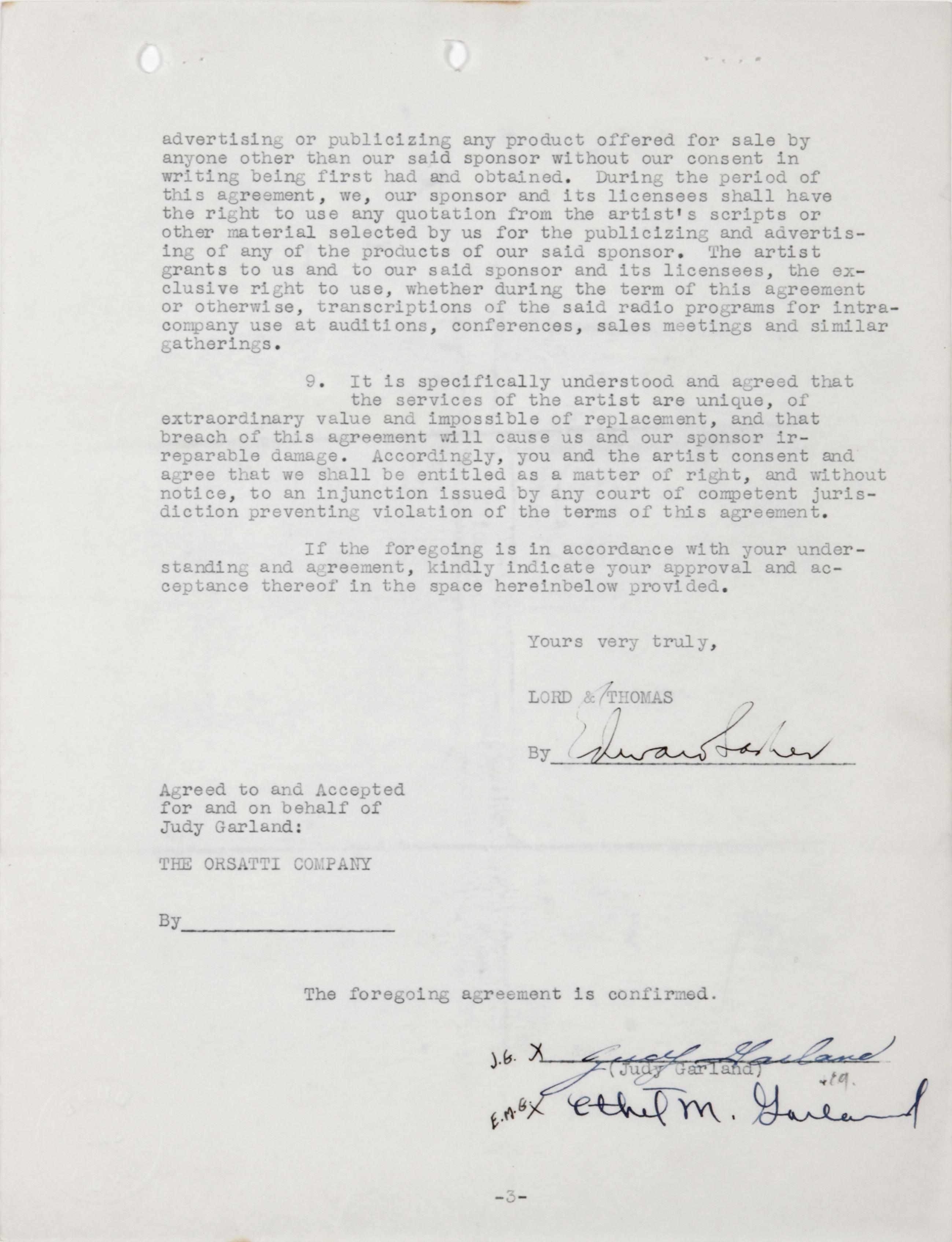 Appraisal: GARLAND JUDY - Typed Document Signed ''Judy Garland'' pp to