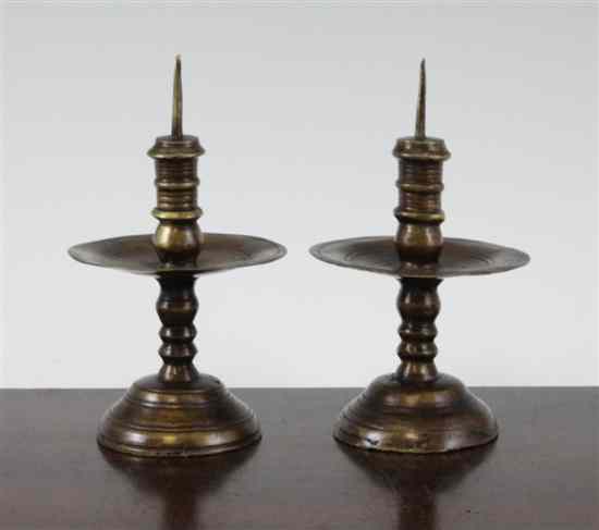 Appraisal: A pair of early th century Dutch pricket candlesticks on