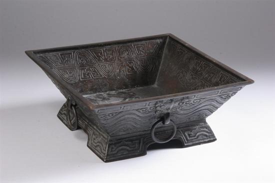 Appraisal: CHINESE BRONZE CENSER Xuande mark Cast with four taotie masks