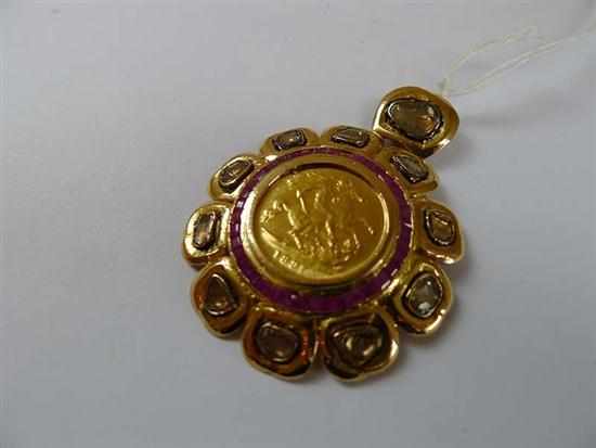 Appraisal: A HALF SOVEREIGN PENDANT SET WITH DIAMONDS AND RUBIES SOVEREIGN