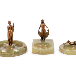 Appraisal: Three Art Deco Onyx and Bronze Figural Vide Poches First