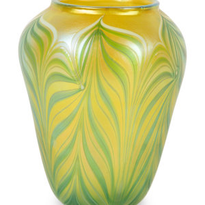 Appraisal: An Orient and Flume Iridescent Glass Vase Dated Height x