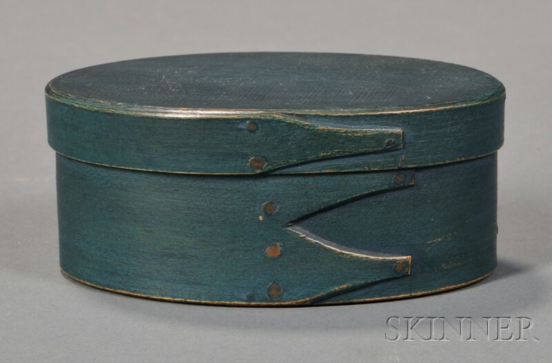 Appraisal: Small Shaker Blue-painted Oval Covered Box probably New England mid