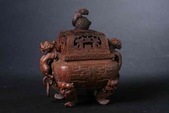 Appraisal: CHINESE BAMBOO CENSER th century Square-form carved to depict dragon