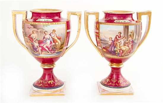 Appraisal: Pair Vienna painted porcelain urns circa Neoclassical form with gilt