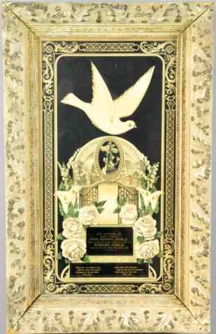 Appraisal: FRAMED GERMAN MOURNING TRIBUTEDove hovering over arches with gate and