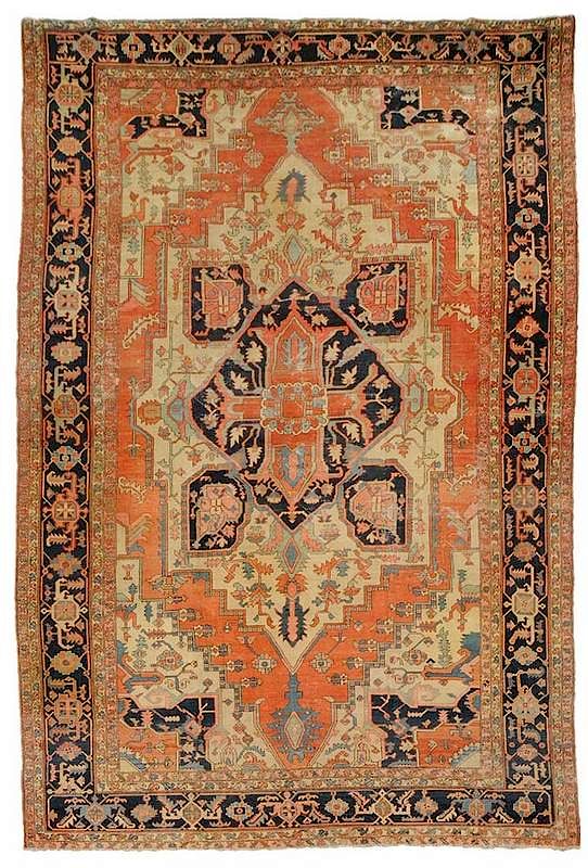 Appraisal: Serapi Carpet early th century orange field with central navy