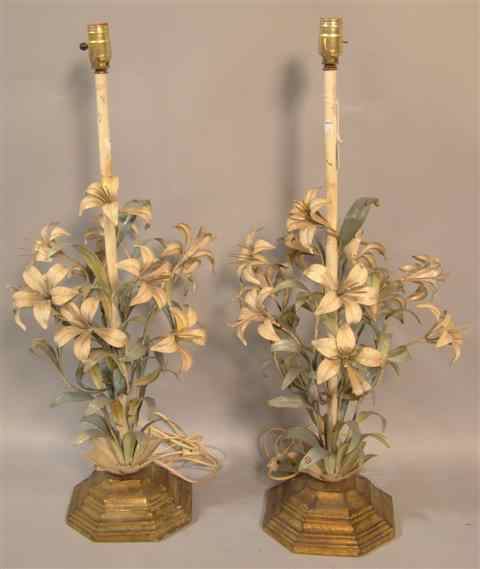 Appraisal: PAIR OF VINTAGE FLORAL SPRAY METAL LAMPS on octagonal bases