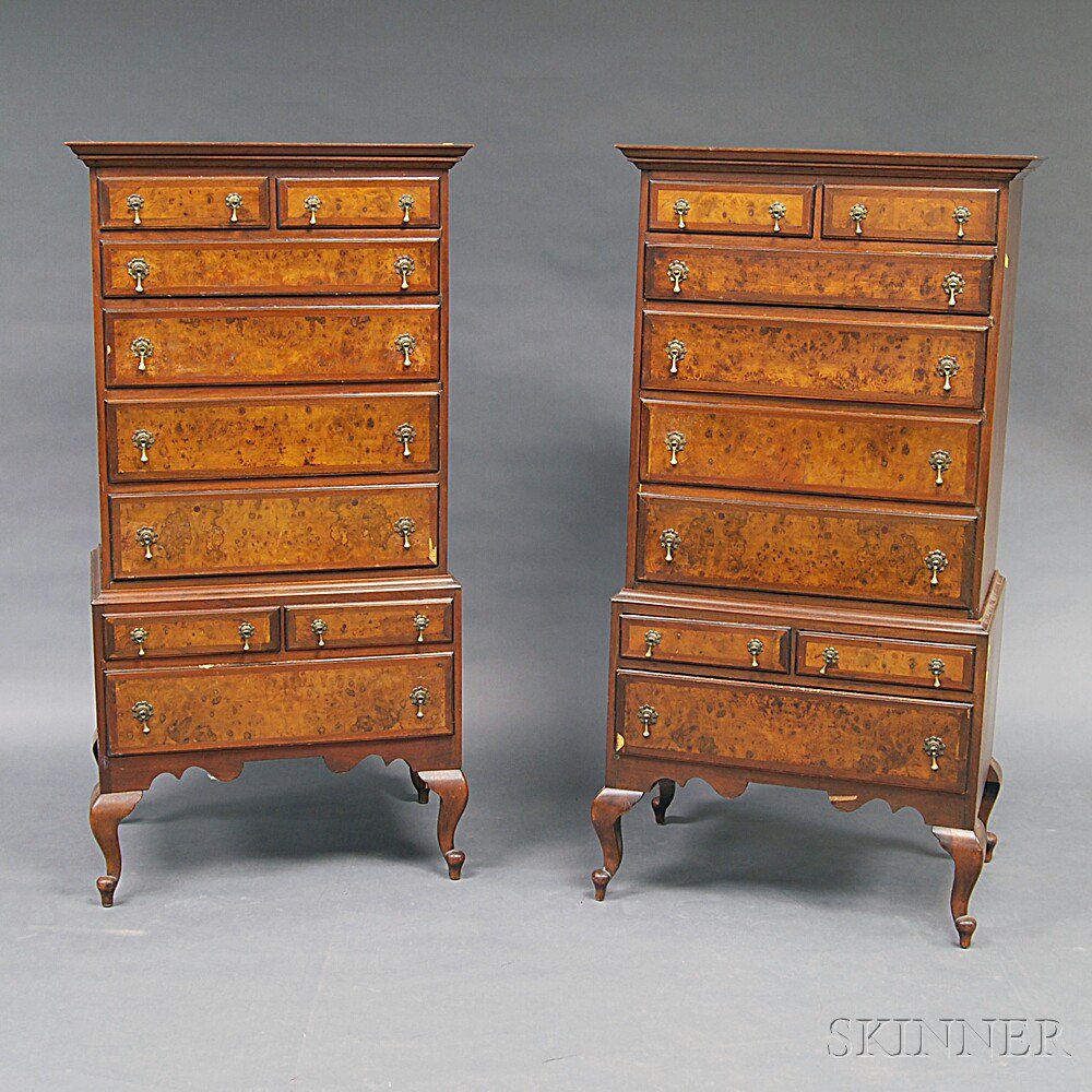 Appraisal: Pair of Queen Anne-style Mahogany and Burl Veneer Tall Chests