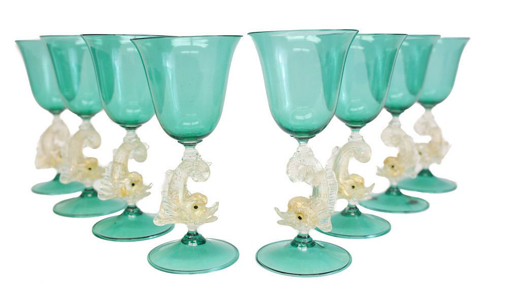 Appraisal: Venetian Green Wine Art Glasses Venetian green art glass wine