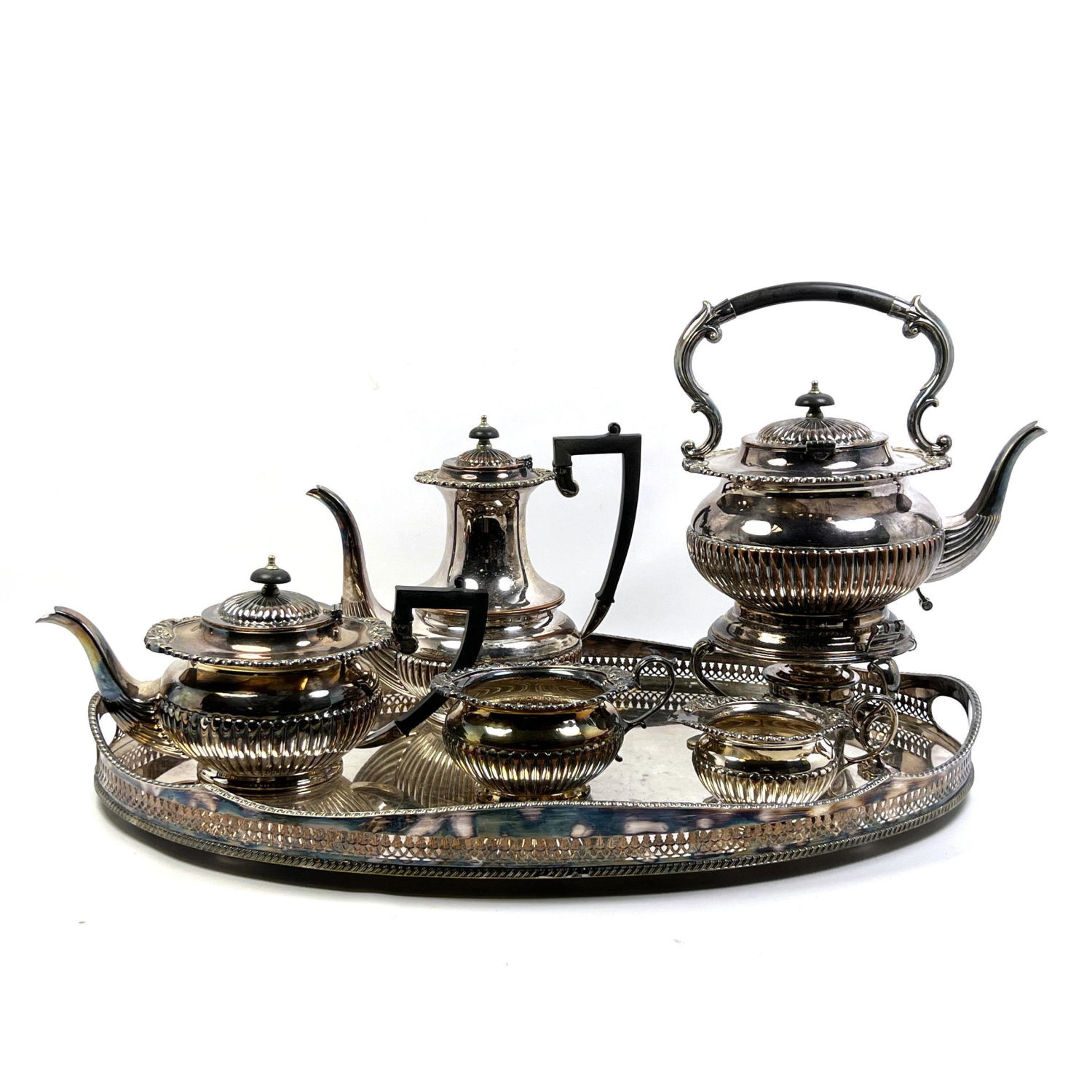 Appraisal: English Hand Chased Silver Plate Tea set with Tray Tallest