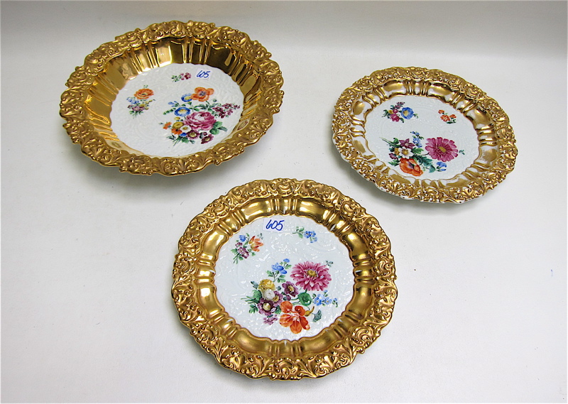 Appraisal: SET OF THREE MEISSEN PORCELAINS with hand enameled floral centers