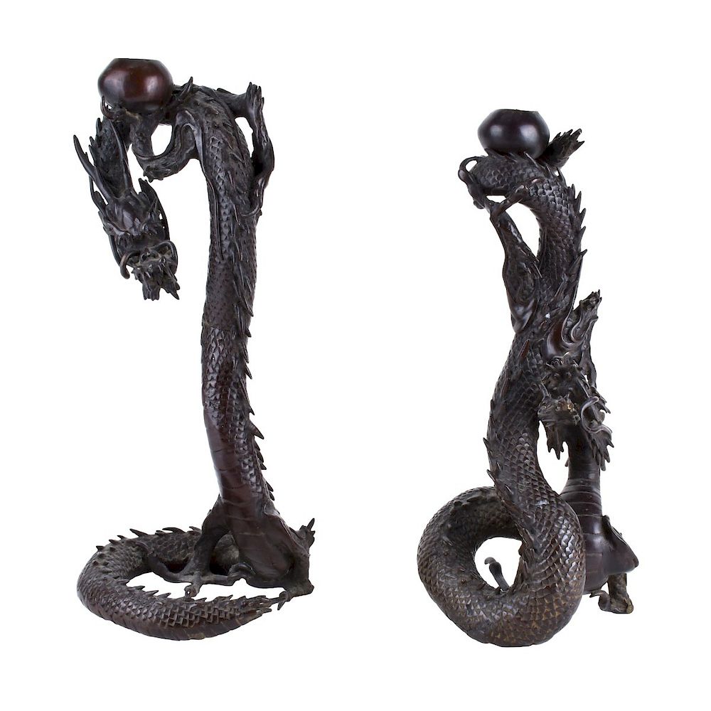 Appraisal: Chinese Bronze Dragon Candlesticks Two Chinese Bronze Dragon Figural Candlesticks