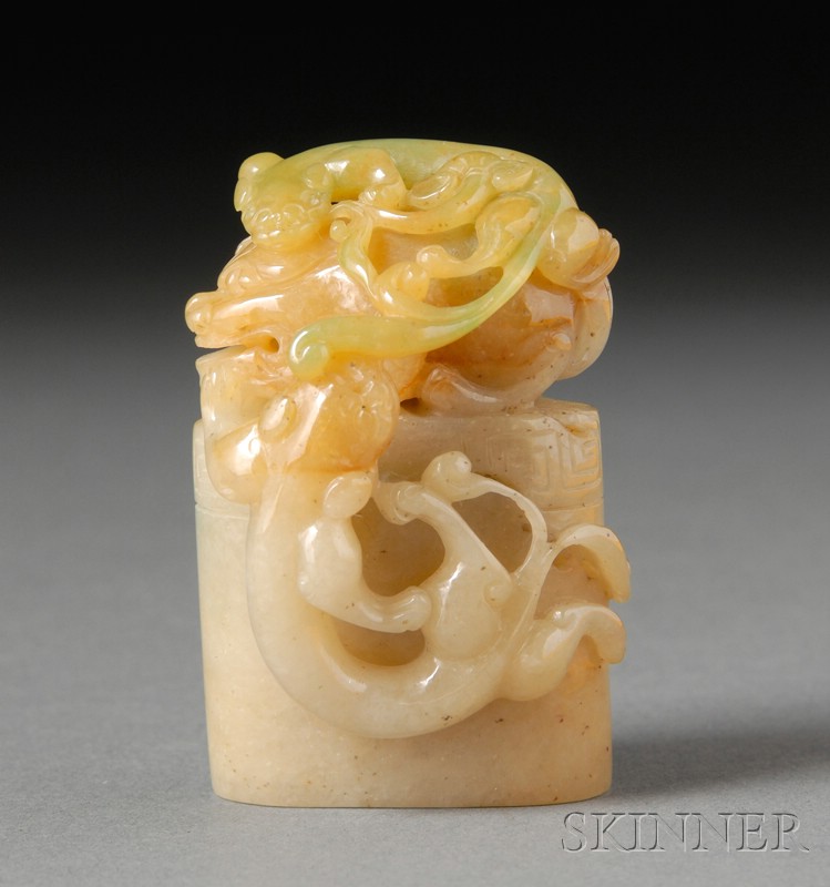 Appraisal: Jade Seal tan stone with green markings finial and side