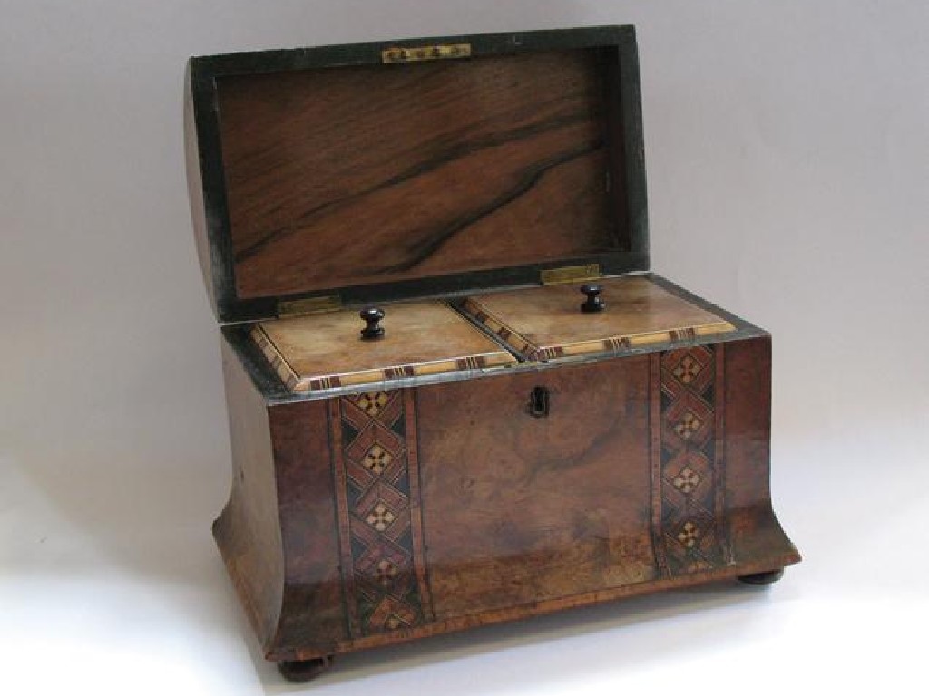 Appraisal: A VICTORIAN WALNUT AND TUNBRIDGEWARE TEA CADDY the domed top