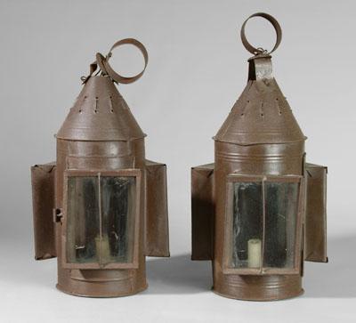 Appraisal: Pair tin lanterns pierced conical tops each with three windows