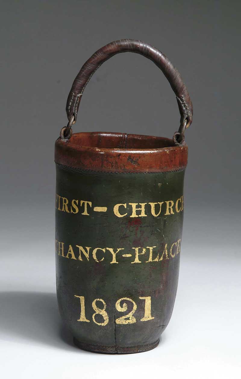 Appraisal: FINE PAINTED LEATHER FIRE BUCKET FIRST-CHURCH CHANCY-PLACE Windsor green bucket