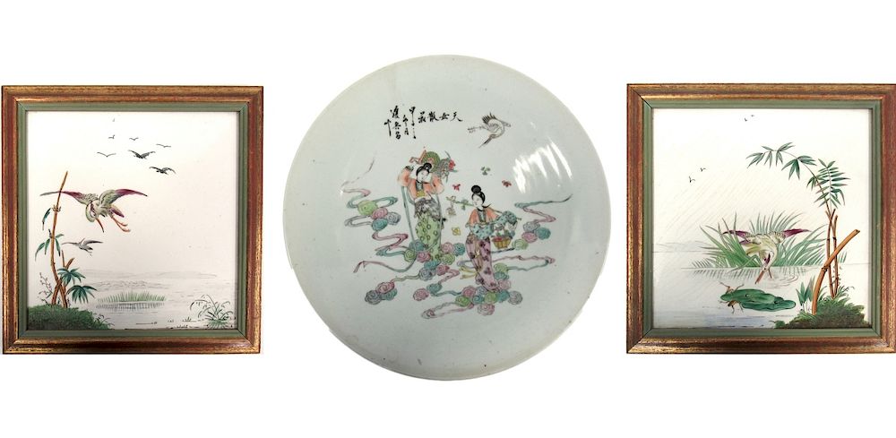 Appraisal: Enameled Porcelain Plate and Pair of Porcelain Plaques Plate decorated