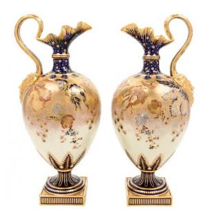 Appraisal: A Pair of Royal Crown Derby Porcelain Ewers Height inches